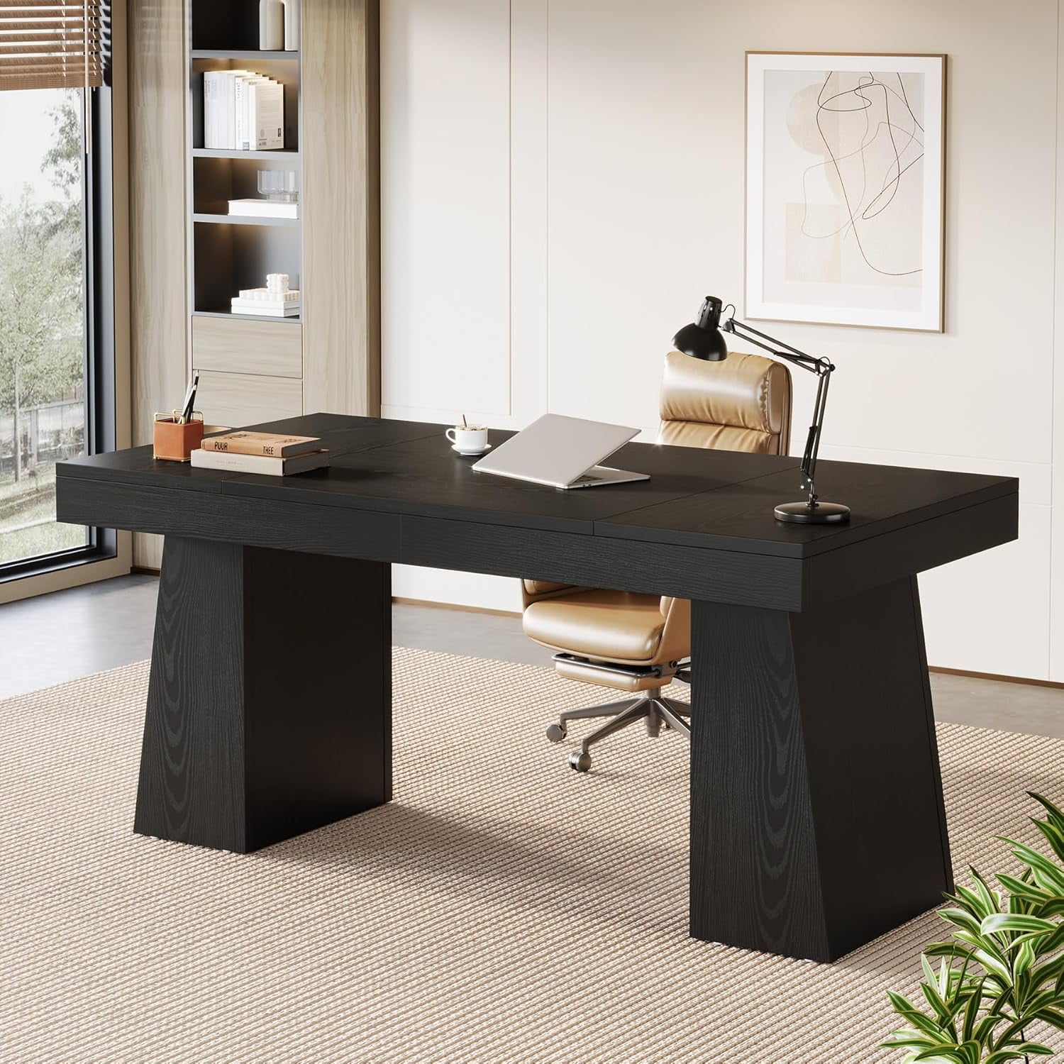 Finmind Large Wood Executive Desk, 55" Rectangle Office Desk with Double Pedestal, Modern Minimalist Computer Desk Workstations Conference Table Furniture for Home Office(Black)