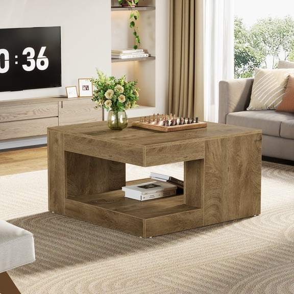 Finmind Modern 2-Tier Coffee Table, 47.24 inch Square Accent Center Tea Table with Storage for Living Room, Home, Brown