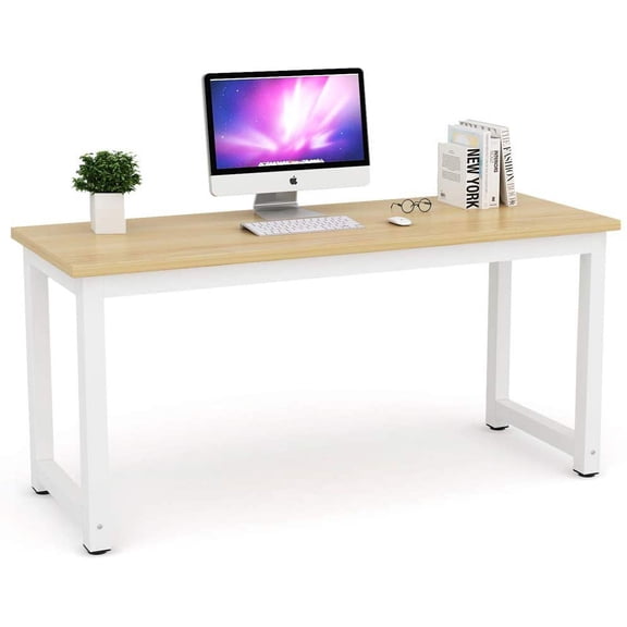 Finmind Modern Computer Desk, 63 inch Large Office Desk Computer Table Study Writing Desk Workstation for Home Office, Walnut+white