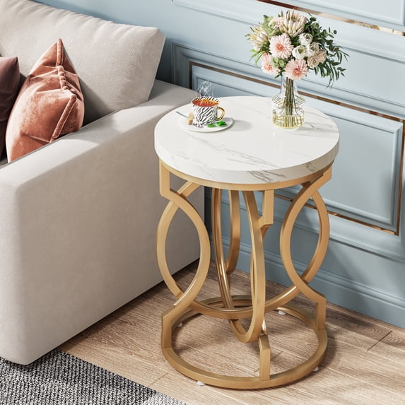 Finmind Modern Round End Table with Thickened Top, 20" Gold Side Table with Unique O-Shaped Base, Midcentury Accent Table Nightstand for Living Room Bedroom, White + Gold