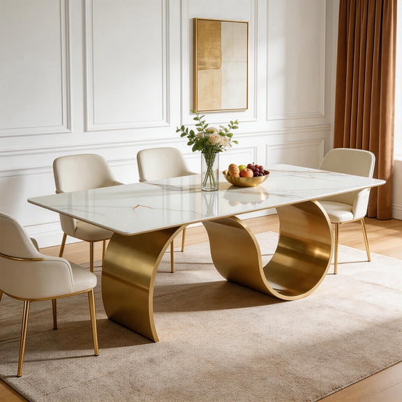 Finmind Modern Sintered Stone Dining Table for 6-8, 78.74 inch Large Rectangle Table, Luxury Kitchen Table with Stone Slate Katakin Tabletop & S-Shaped Stainless Steel Base (Only Table)