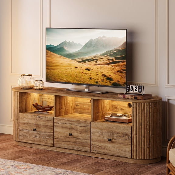 Finmind Modern TV Stand for TVs up to 80" ,70.87 inch Curved Media Console with 3 Drawers and Open Storage for Living Room, Brown