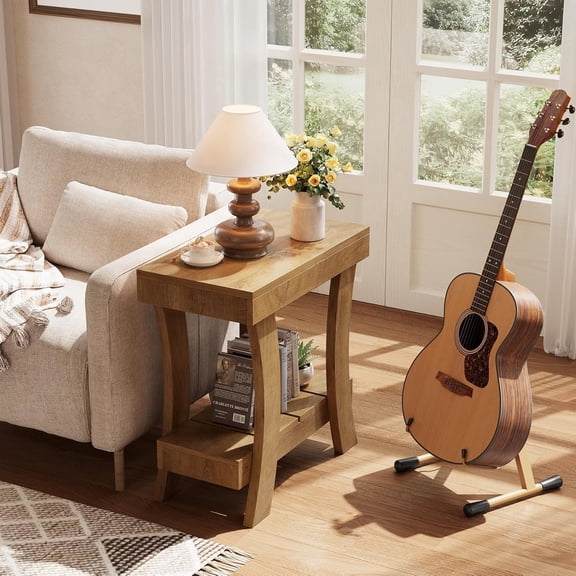 Finmind Narrow 2-Tier Side Table with Storage Shelf, Rectangular Curved Wood End Table for Bedroom, Living Room, or Small Spaces