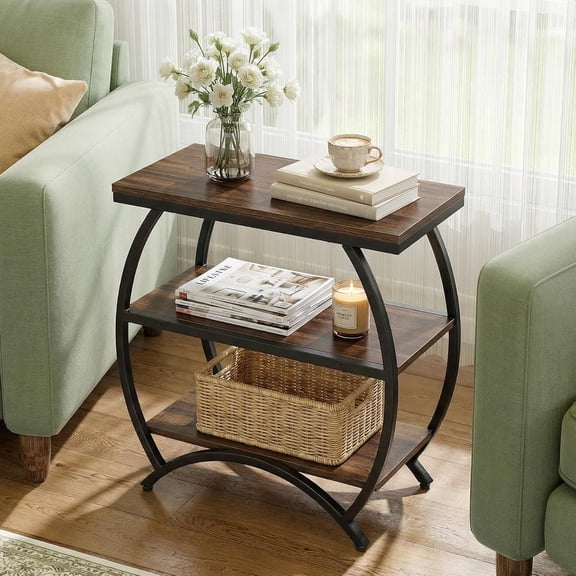 Finmind Narrow End Table, 3-Tier Side Table with Storage Shelves & Metal Frame for Living Room or Bedroom, Rustic Brown