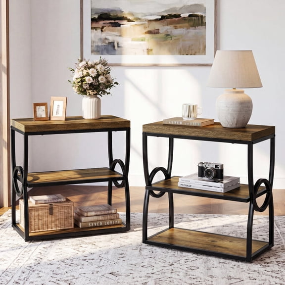 Finmind Narrow End Table Set of 2, 3-Tier Couch Side Table With Storage Shelves