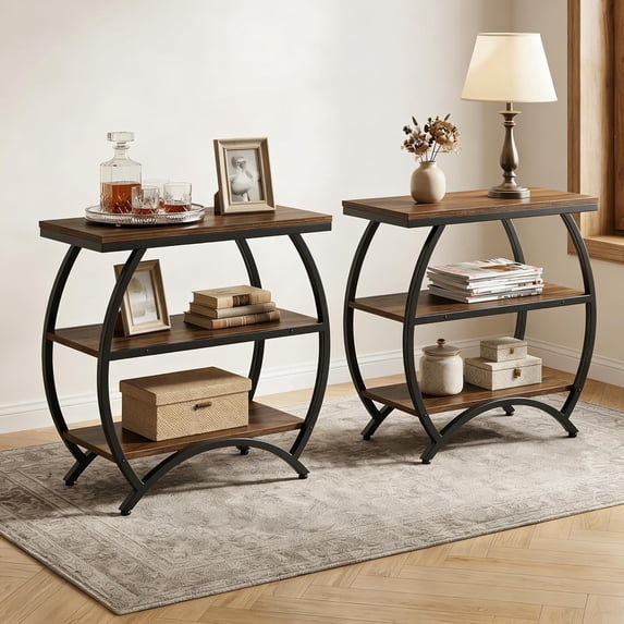 Finmind Narrow End Table Set of 2, 3-Tier Side Table with Storage Shelves & Metal Frame for Living Room or Bedroom, Rustic Brown