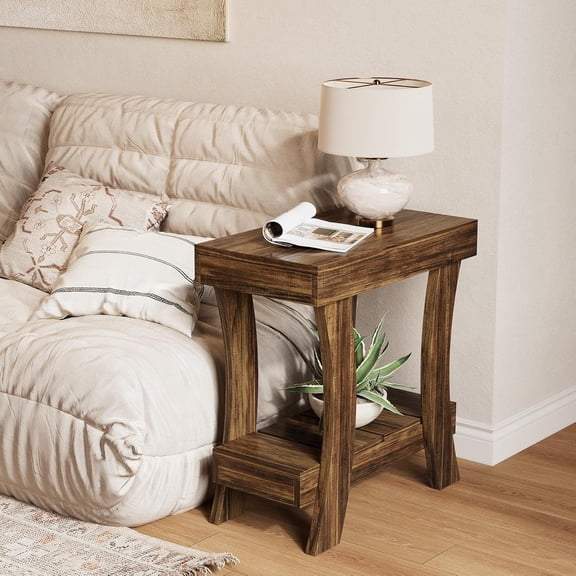 Finmind Narrow Side Table with Storage Shelf, 2-Tier End Table with Wood Legs for Small Spaces, Dark Brown