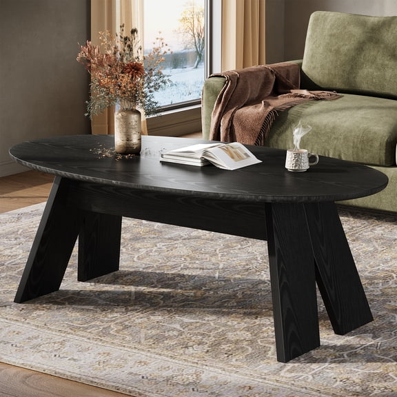 Finmind Oval Coffee Table for Living Room, 47 inch Modern Round Center Cocktail Table with Angled Legs, Black