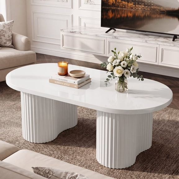 Finmind Oval White Coffee Table with Fluted Design, 47" Modern Center Table with Sturdy Legs for Living Room, Bedroom, Office, Easy Assembly