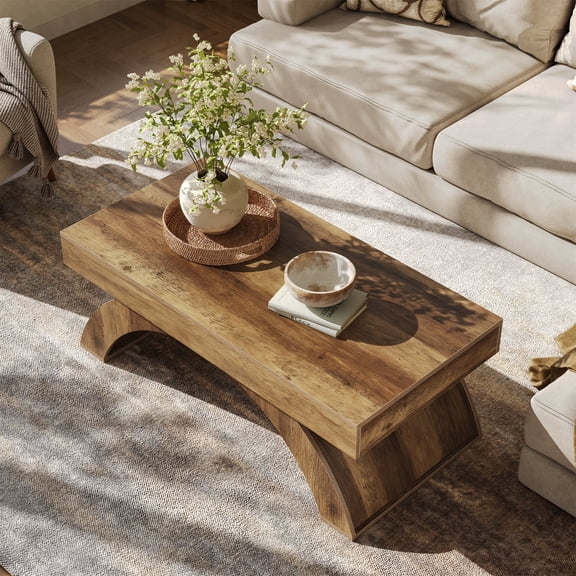 Finmind Rectangle Coffee Table, 47-inch Farmhouse Center Cocktail Table with Arched Base for Living Room, Rustic Brown