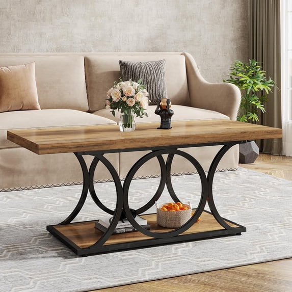 Finmind Rectangle Rustic Coffee Table, 47.24-inch, 2-Tier Farmhouse Table with Geometric Metal Legs & Storage Shelf (Brown & Black)