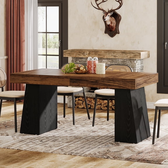 Finmind Rectangular 55" Dining Table for 4 People, Farmhouse Dining Room Table with Double Pedestal, Wooden Kitchen Table Dinner Table for Small Space, Dining Room, Brown & Black