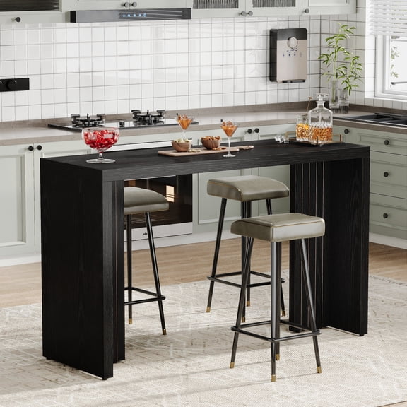 Finmind Rectangular Bar Table, 55.12-inch Modern Counter Height Pub Table with a Faux Marble Tabletop for Kitchen, Dining Room, Black