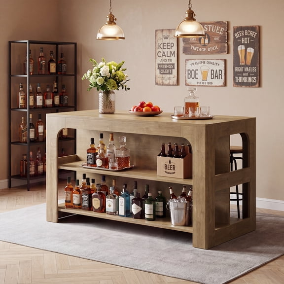 Finmind Rectangular Bar Table with 3-Tier Storage Shelf, 55 inch Modern Counter Height Pub Table with Storage Home Bar Unit for Kitchen