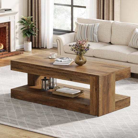 Finmind Rectangular Coffee Table for Living Room, 47.24-inch Farmhouse 2-Tier Accent Center Tea Cocktail Table with Storage, Brown