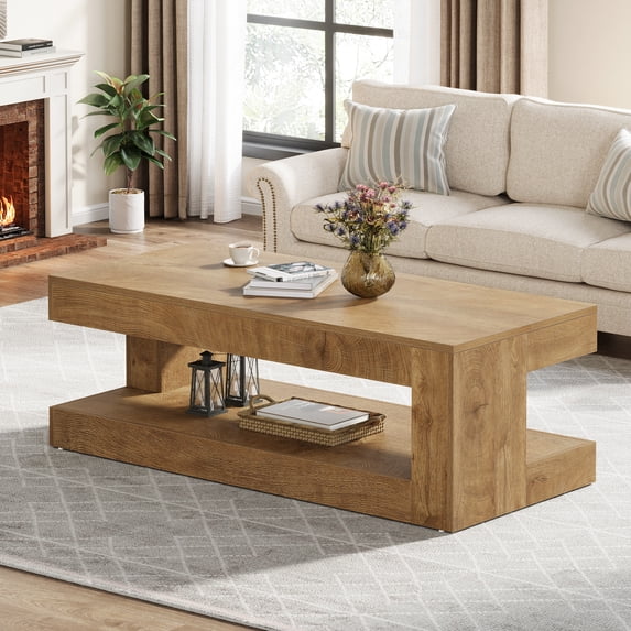 Finmind Rectangular Coffee Table for Living Room, 47.24-inch Farmhouse 2-Tier Accent Center Tea Cocktail Table with Storage, Light Brown