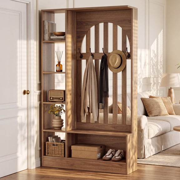 Finmind Room Divider with Storage Shelves and Bench, 70.9" Freestanding Wall Divider Partition with Coat Rack for Room Separation, Entryway, Living Room, Bedroom, Rustic Brown
