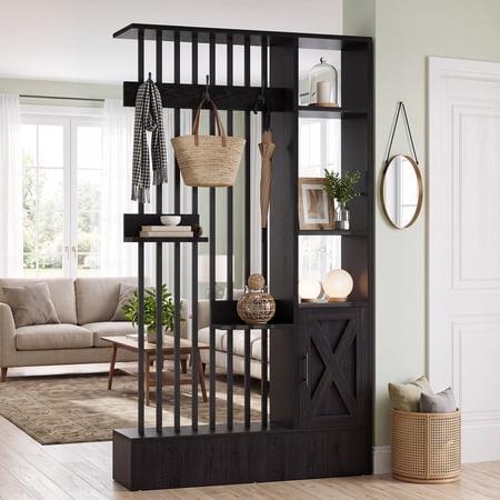 Finmind Room Divider with Shelves, 71" Freestanding Wall Partition Screen with Storage Cabinet, Display Shelf for Bedroom, Living Room, Black