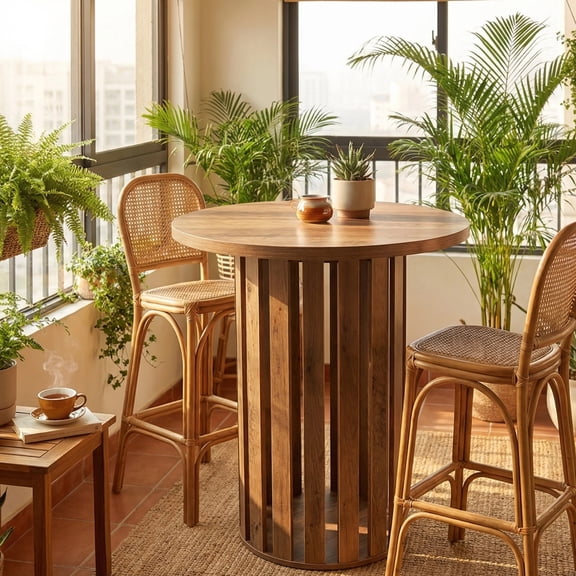 Finmind Round Bar Table, 37.4 inch High Bistro Pub Table for Home Bar, Dining Room, Party, Cocktail, Living Room, Small Space, Rustic Brown