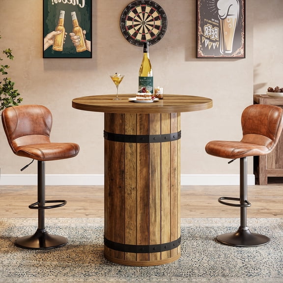 Finmind Round Bar Table, 39.4-inch Tall Counter Height Home Bar Unit, Bistro Pub Table for Kitchen, Living Room, Light Brown (Only Table)