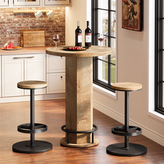 Finmind Round Bar Table with 2 Barstools, Industrial Bistro Pub Set with Metal Footrest for Kitchen Nook, Apartment, Small Space, Natural