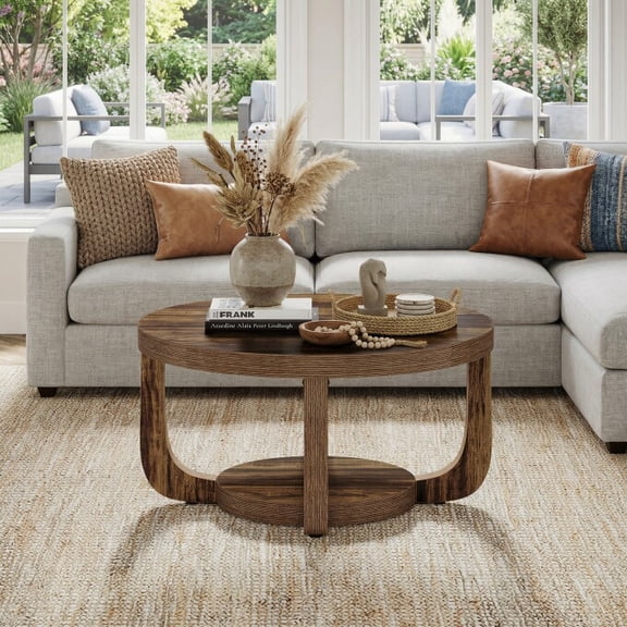 Finmind Round Coffee Table, 31.5" Rustic Wooden Coffee Table with 2-Tier Storage Shelf and Thick Tabletop for Living Room, Dark Brown