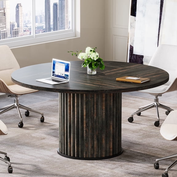 Finmind Round Conference Table, 47-inch Wooden Meeting Table for 4-6 People with Sturdy Metal Base for Conference Room, Vintage Brown