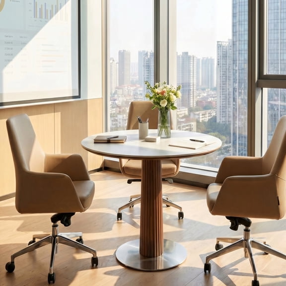 Finmind Round Conference Table for 2-3, 31.5-inch Small Table with Sintered Stone Tabletop and Stainless Steel Base, White + Walnut
