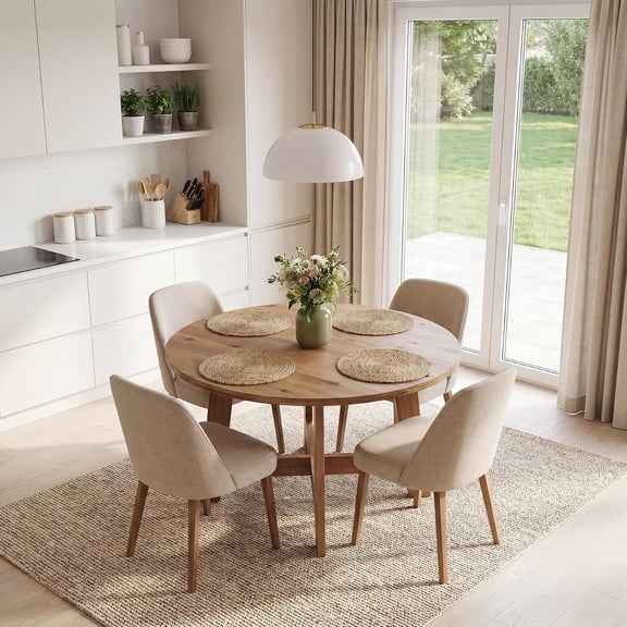 Finmind Round Dining Table for 4, 47" Solid Wood Dining Room Table with Pedestal Base, Brown Circle Kitchen Table for Dining Room, Kitchen, Living Room (Table Only)