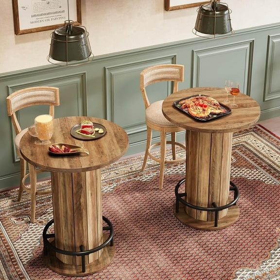 Finmind Round Dining Table Set of 2, 39.4" H Small Circle Kitchen Table with Wood Strip Base and Footrest, for Small Spaces, Dining Room, Kitchen, Bar, Brown (Only Table)