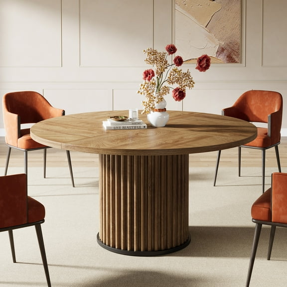 Finmind Round Dining Table for 4-6 People, 47.24-inch Circle Wood Kitchen Table with Sturdy Fluted Metal Base, Modern Dining Room Furniture, Brown