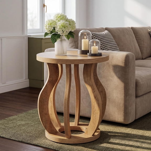Finmind Round End Side Table with Curved Frame, Farmhouse Wooden Bedside Nightstand for Living Room, Bedroom, Small Spaces, Brown