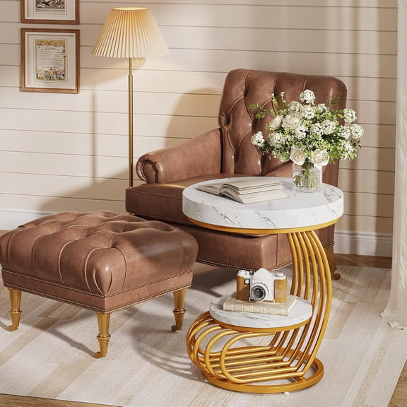 Finmind Round End Table, 2-Tier Side Table with Storage Shelf, Faux Marble Top, Gold & White
