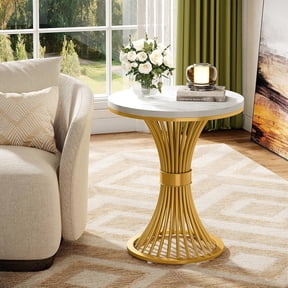 Finmind Round End Table, Modern Faux Marble Side Table with Gold Metal Base, Small Accent Table for Living Room Bedroom, White & Gold