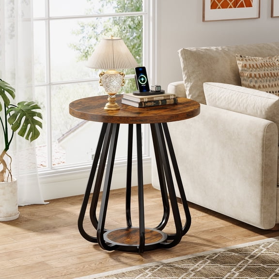 Finmind Round Side Table for Living Room, 2-Tier Small Sofa End Table with Storage Shelf and Metal Frame for Samll Space