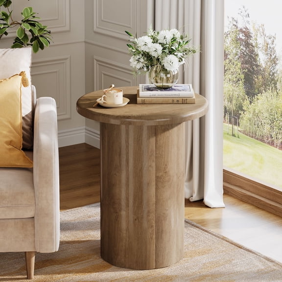Finmind Round Side Table for Living Room, Farmhouse Small End Table Nightstand with Sturdy Base for Living Room Bedroom Apartment