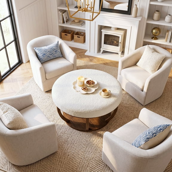 Finmind Round Storage Ottoman Coffee Table, 31.5 inch Circle Footrest with Solid Wood Frame, Upholstered Coffee Table for Living room, Bedroom, White & Brown