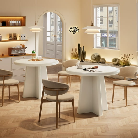 Finmind Round Table for Coffee Shop, Modern Restaurant Table with Sturdy Base,White(Set of 2)