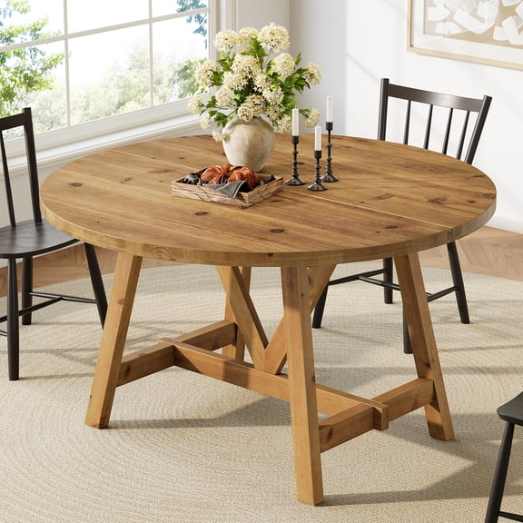 Finmind Round Wood Dining Table for 4-6, 47 inch Farmhouse Circle Kitchen Table with Sturdy Legs for Dining Room, Kitchen, Brown