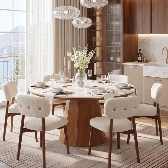 Finmind Round luxury Dining Table for 4-6 people, 47 inch Sintered Stone Kitchen Table for Home Living Room, Glossy White Marble Finish