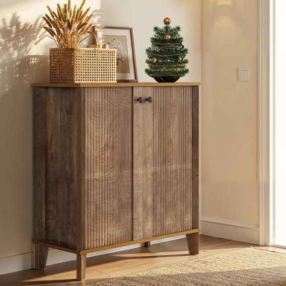 Finmind Rustic Brown 5-Tier Shoe Cabinet with Doors, Adjustable Shelf Entryway Storage Organizer for Mudroom Living Room, Farmhouse Style