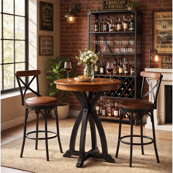 Finmind Rustic Round Bar Table, 31.5" Industrial High Top Pub Table with Solid Wood Top