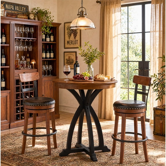 Finmind Rustic Round Bar Table, 31.5" Industrial High Top Pub Table with Solid Wood Top