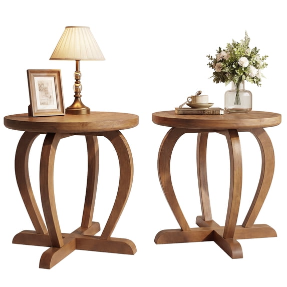 Finmind Rustic Wood Round End Table Set of 2, Vintage Small Accent Sofa Side Table
