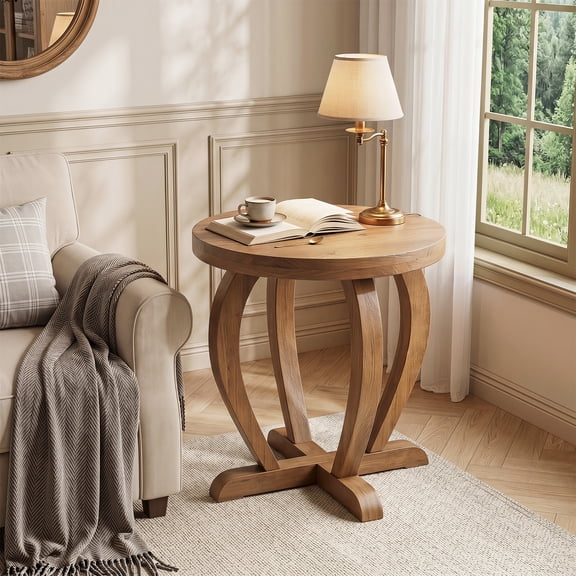 Finmind Rustic Wood Round End Table with Curved Base for Living Room Bedroom, Vintage Small Accent Sofa Side Table