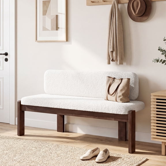 Finmind Shoe Bench for Entryway with Backrest, 55 Inch Upholstered Bench with White Faux Shearling Cushion and Solid Wood Frame, Modern Entryway Bench for Hallway, Bedroom, Living Room