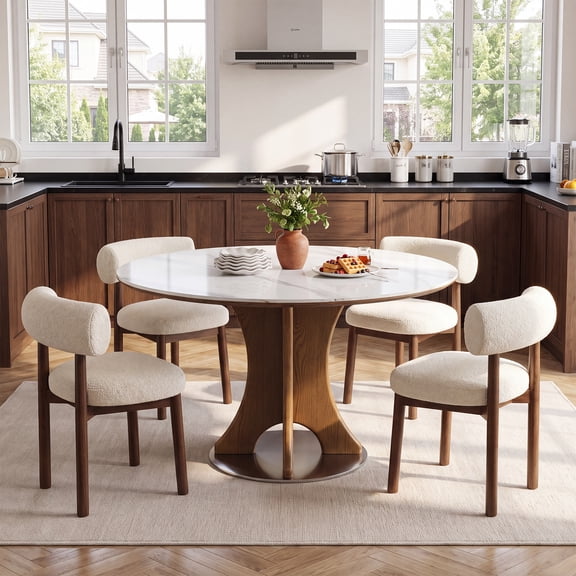 Finmind Sintered Stone Dining Table, 47 inch Solid Wood Round Kitchen Table, White and Walnut