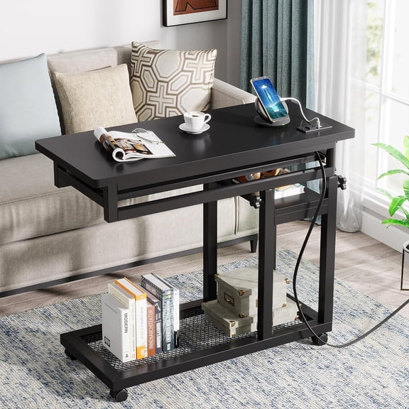 Finmind Small Portable Desk with Power Outlet, Height Adjustable Sofa Couch Bedside Laptop Table with Wheels, Mobile Standing Desk Rolling Computer Cart C Side Table with USB Ports,Black