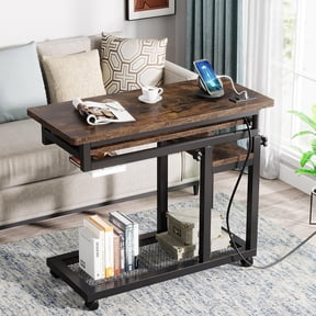 Finmind Small Portable Desk with Power Outlet, Height Adjustable Sofa Couch Bedside Laptop Table with Wheels, Mobile Standing Desk Rolling Computer Cart C Side Table with USB Ports,Brown