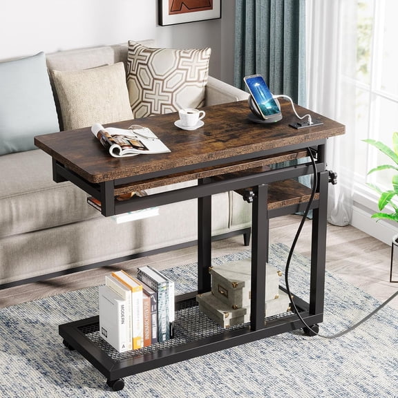 Finmind Small Portable Desk with Power Outlet, Height Adjustable Sofa Couch Bedside Laptop Table with Wheels, Mobile Standing Desk Rolling Computer Cart C Side Table with USB Ports,Brown
